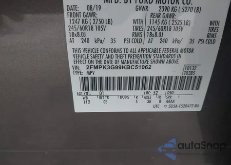 2019 Ford Edge Se из США, поврежденный, VIN 2FMPK3G99KBC51062